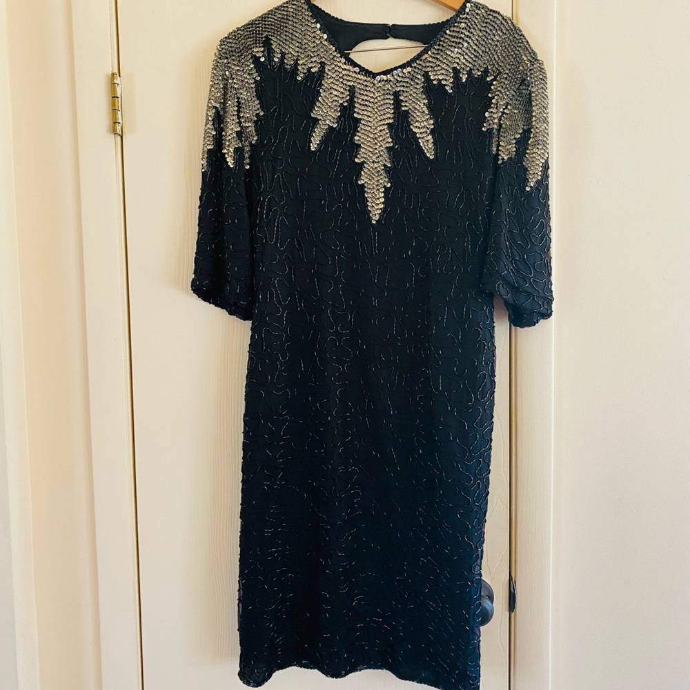 Vintage Silk Beaded Sequins Cocktail Art Deco New Year’s Eve Party Dress M